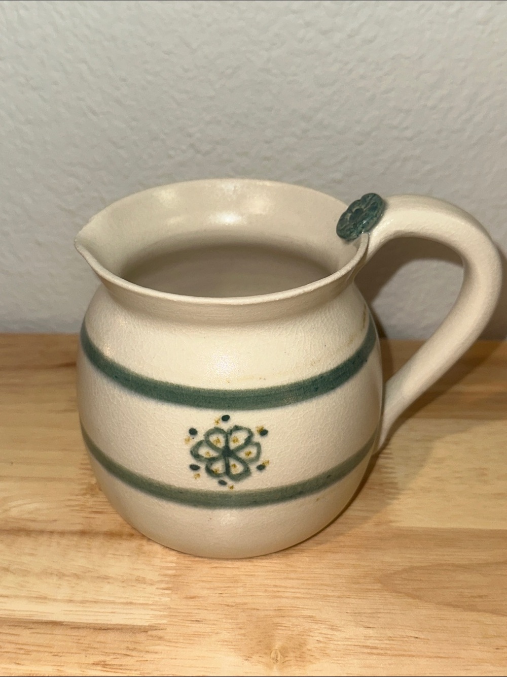 Vintage Handcrafted Studio Pottery Creamer Pitcher Blue Green Flower 4.5” Tall